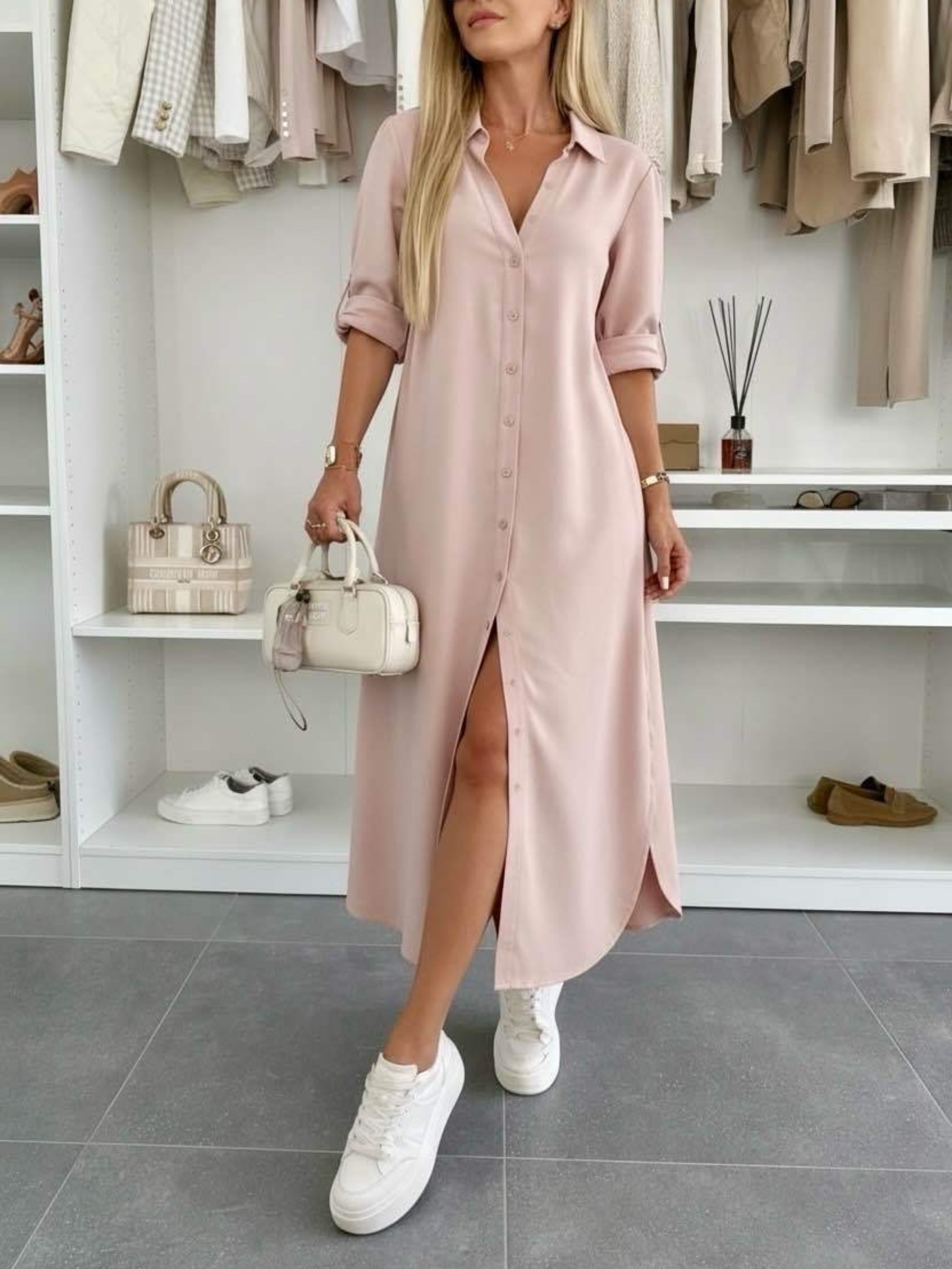Oversized shirt dress in blush pink, button-front, short sleeves, side slit hem