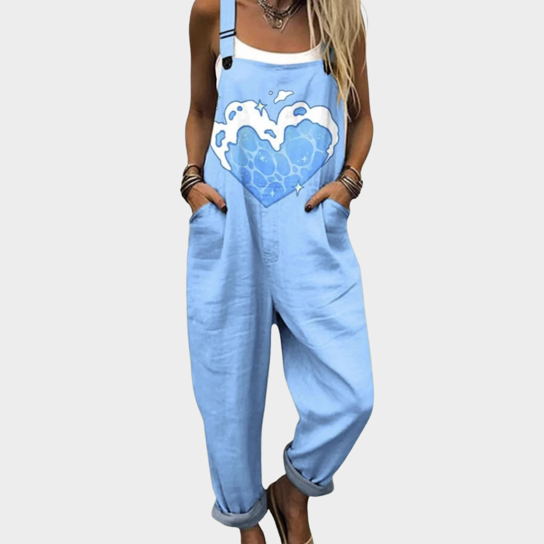 Light blue loose-fit printed bib overalls with adjustable straps and wide legs