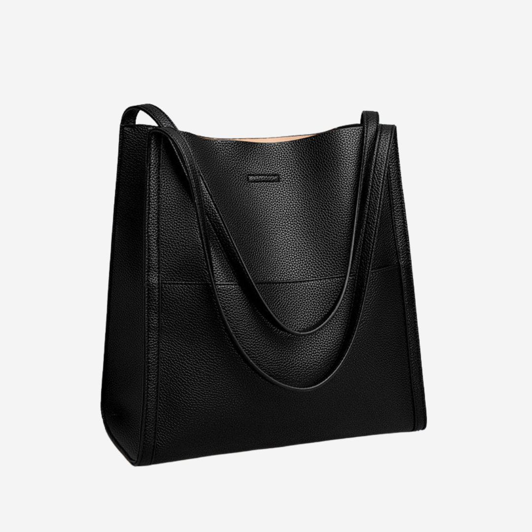 Black textured shoulder bag with curved front seam and top handles