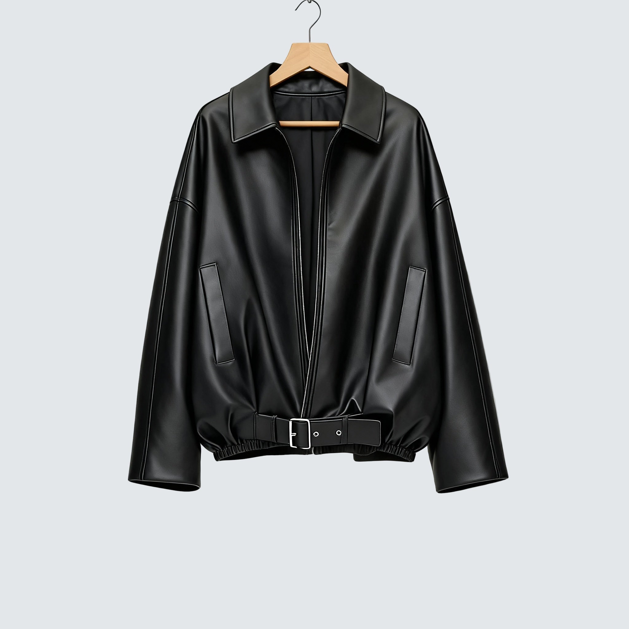 Black oversized zip-up jacket with pointed collar, front patch pockets, belted hem