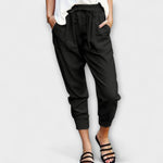 Linen-cotton blend drawstring pants, black cropped joggers with elastic waistband