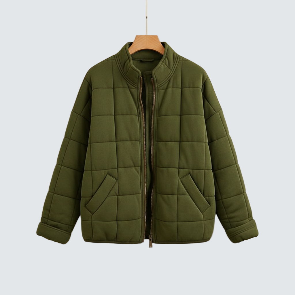 Arja olive green roomy quilted puffer jacket, full-zip front, side pockets.