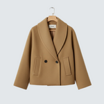 Beige tweed-look wool coat with wide lapels, two buttons, flap side pockets