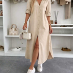 Oversized shirt dress in beige, button-front, short sleeves, side slit hem