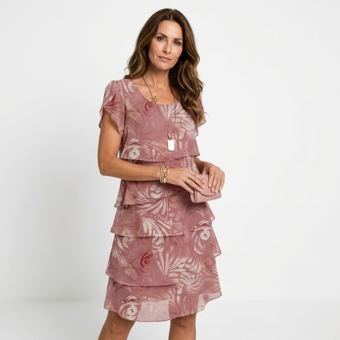 Women’s pink tiered dress, short sleeves, V-neck, layered ruffle skirt