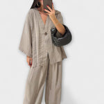 Two-layer V-neck top and wide-leg pants set, beige relaxed fit side view