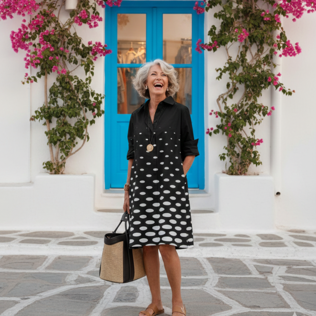 Calliope summer dress, black with white oval dots, collared long-sleeve with pockets