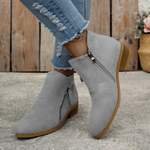 Gray orthopedic ankle boots with side zipper and stacked block heel
