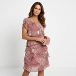 Pink ruffle tier dress with cap sleeves and layered skirt, floral pattern