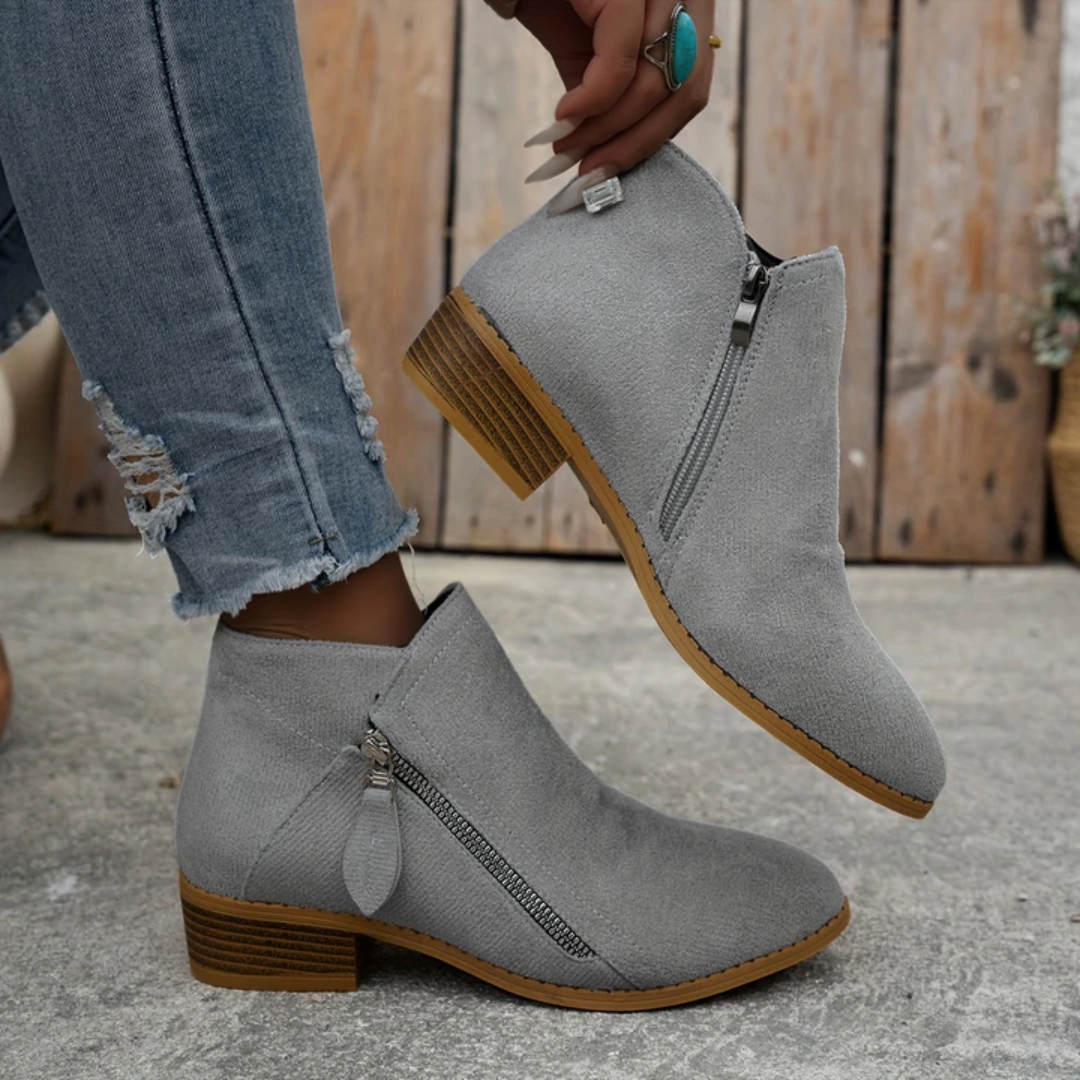 Light gray orthopedic ankle boots with side zipper and block heel