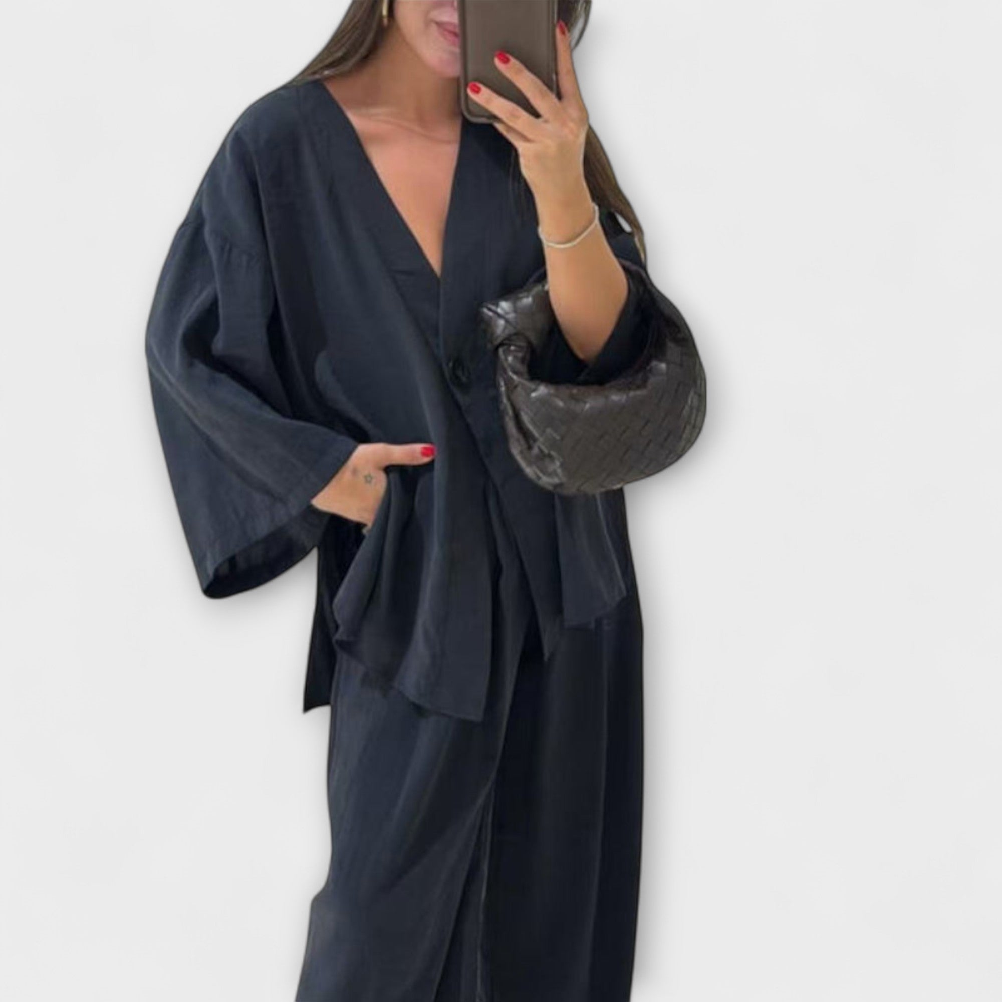 Two-layer V-neck top and wide-leg pants set, dark navy button-front blouse