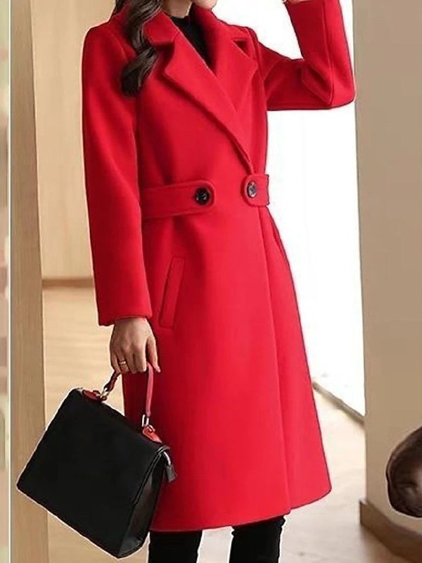 Red winter coat with notch lapels, double buttons, and waist belt