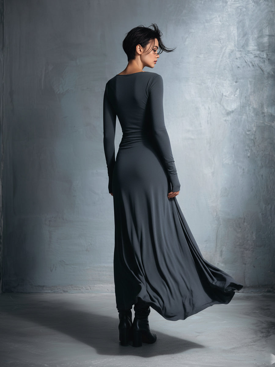 Naomie maxi dress with silk knot, long sleeves, ruched drape, dark gray, back