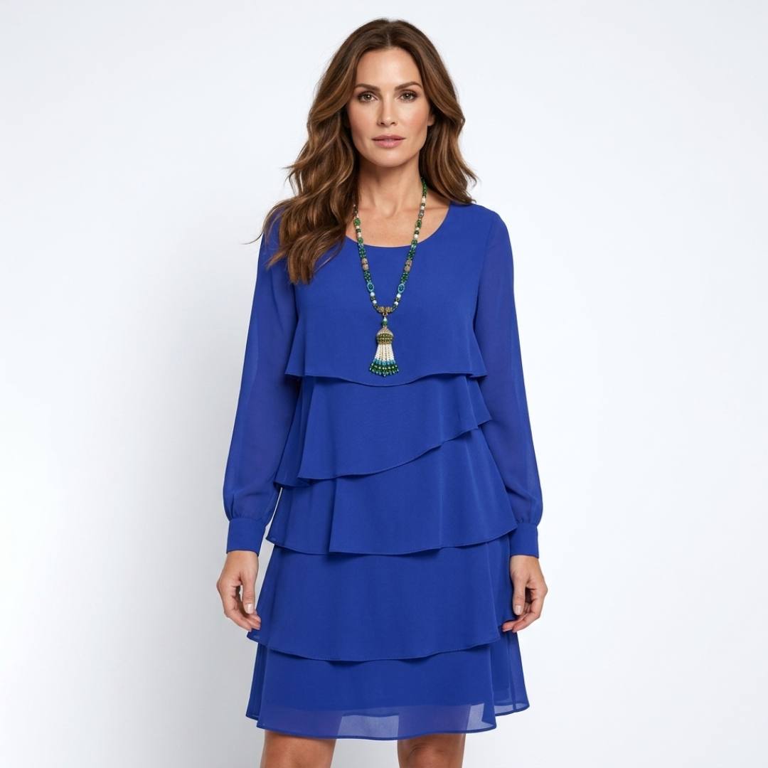 Blue comfort dress with layered ruffle tiers, long sleeves, round neckline