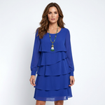 Blue comfort dress with layered ruffle tiers, long sleeves, round neckline