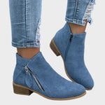 Blue suede orthopedic ankle boots with side zip and low wooden block heel.