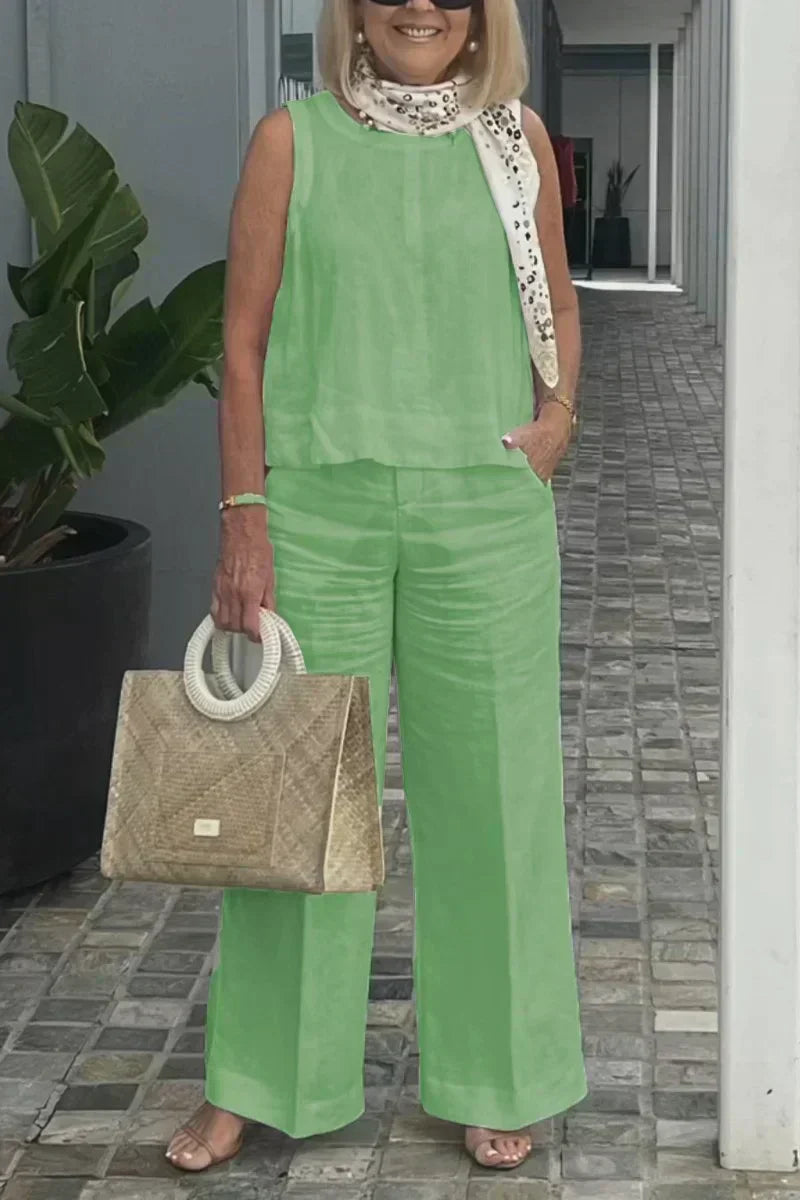 Green sleeveless cotton-linen top with wide-leg pants