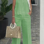 Green sleeveless cotton-linen top with wide-leg pants