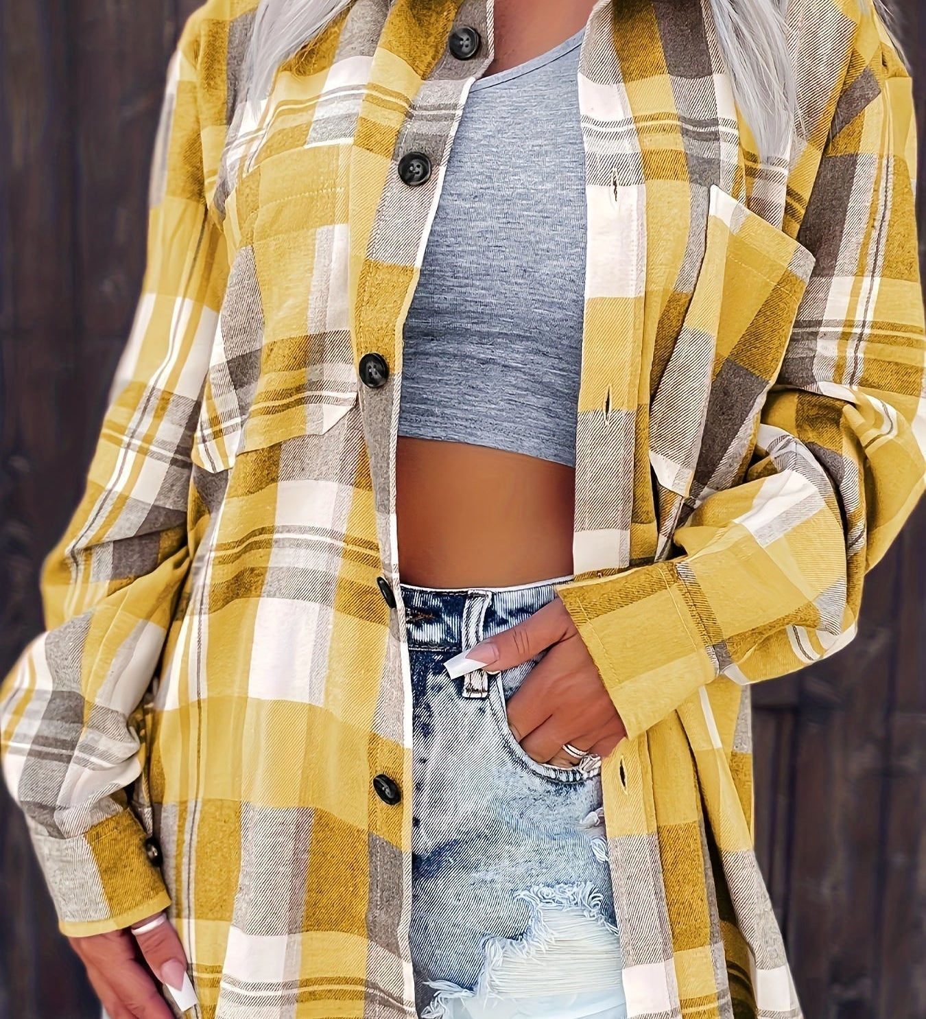 Yellow plaid long-sleeve button-up shirt with folded sleeves and chest pockets