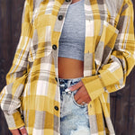 Yellow plaid long-sleeve button-up shirt with folded sleeves and chest pockets