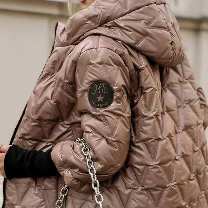 Elena wide-collar puffer jacket, dark khaki, quilted hooded design with logo patch