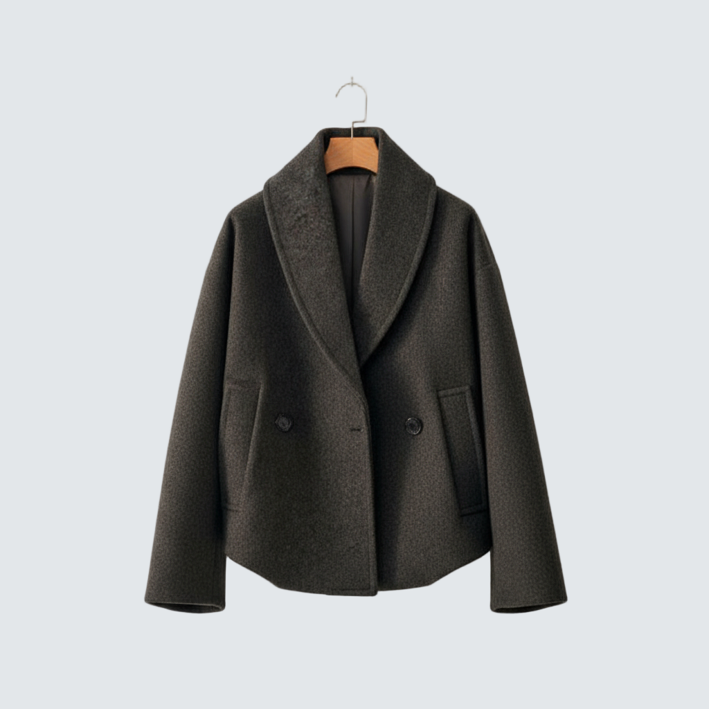 Dark gray tweed-look wool coat with wide lapels, two buttons, side flap pockets