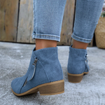 Blue suede ankle boots showing back and block heel with side zipper detail.