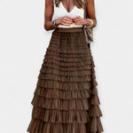 Boho mesh-trim tiered skirt in brown, tiered ruffle layers with gathered waistband
