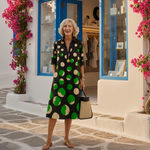 Women's black summer dress with green and beige oval dot print, 3/4 sleeves, midi length
