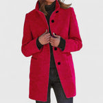 Red classic button-front coat with notch lapels, long sleeves, and side pockets