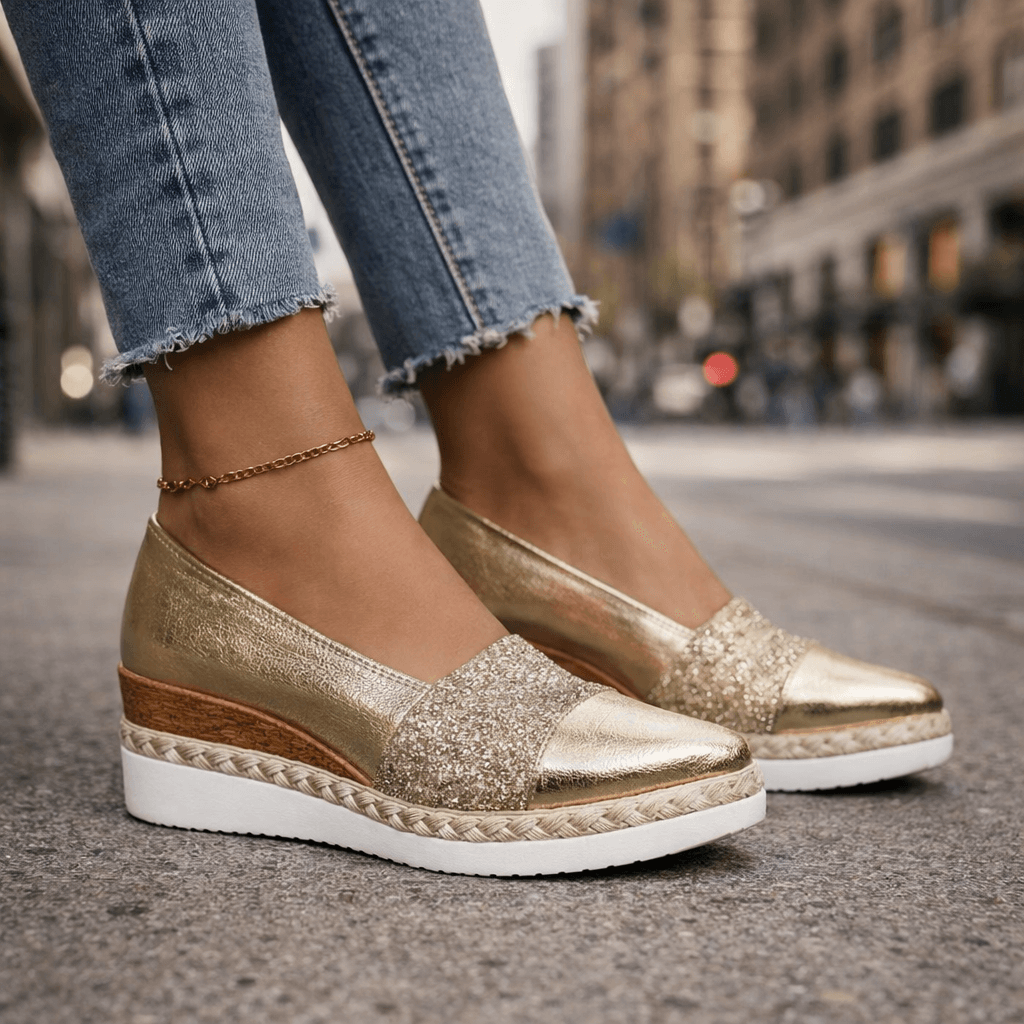 Gold glitter espadrille wedge sandal with V-cut upper and ankle chain detail