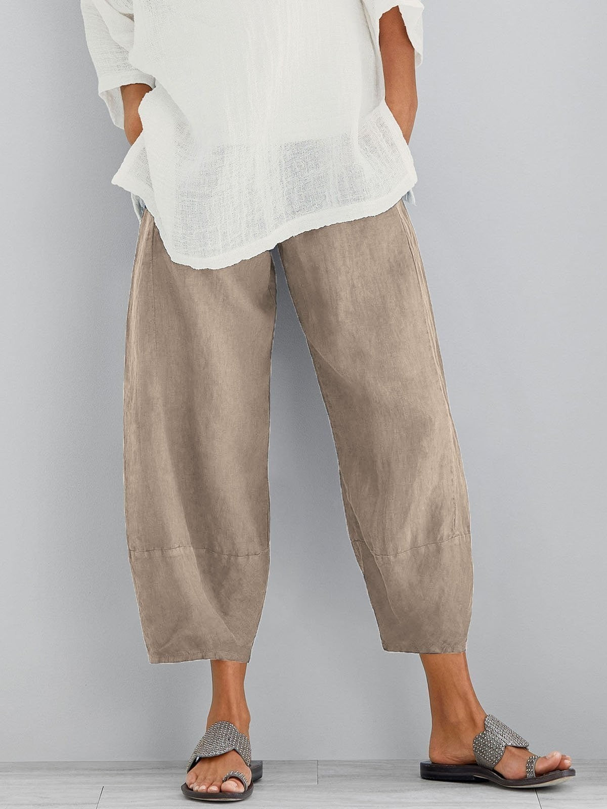 Khaki lightweight summer pants, roomy fit with cropped ankle cuffs