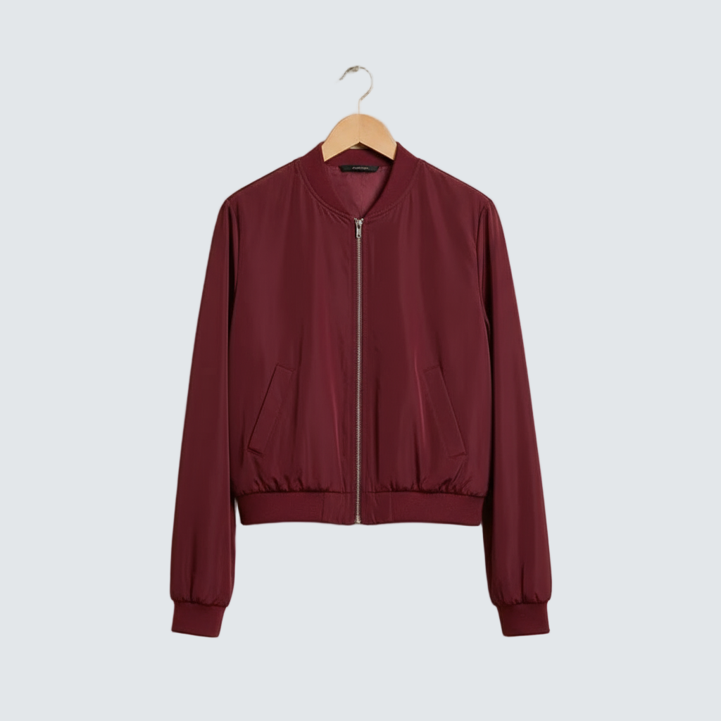 Wine short lightweight bomber jacket with front zipper and ribbed hem and cuffs