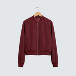 Wine short lightweight bomber jacket with front zipper and ribbed hem and cuffs
