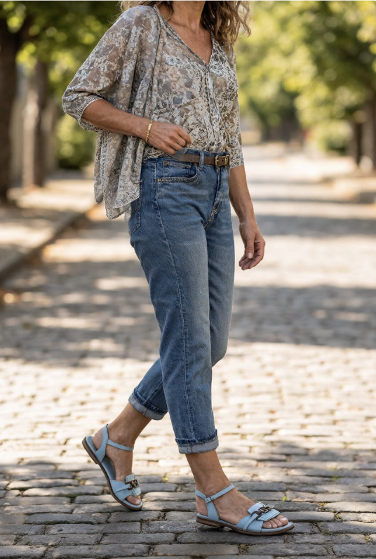 Light blue double-buckle sandals with block heel worn with blue jeans
