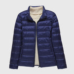 Lightweight puffer jacket, blue, stand collar, full-zip front and quilted panels