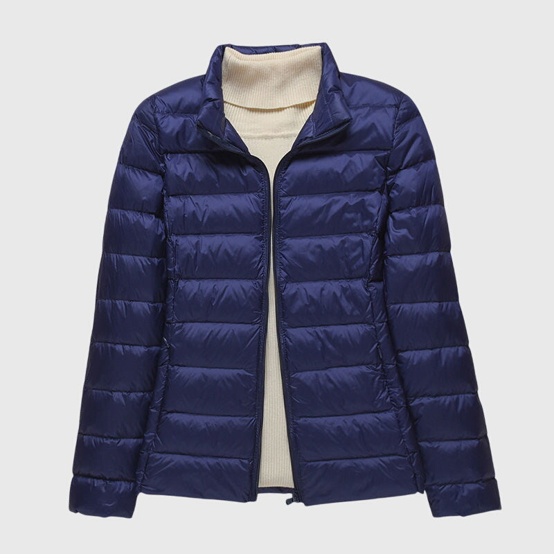Lightweight puffer jacket, blue, stand collar, full-zip front and quilted panels