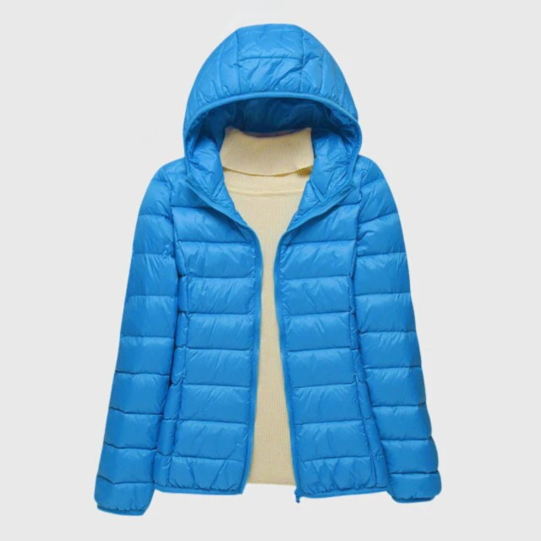 Lightweight puffer jacket with hood, bright blue zip front, ribbed knit hem