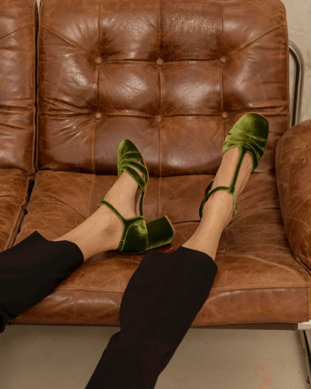 Green velvet T-strap heeled sandal with ankle strap