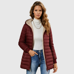 Puffy winter coat in burgundy, quilted puffer with sherpa-lined hood and zip pockets