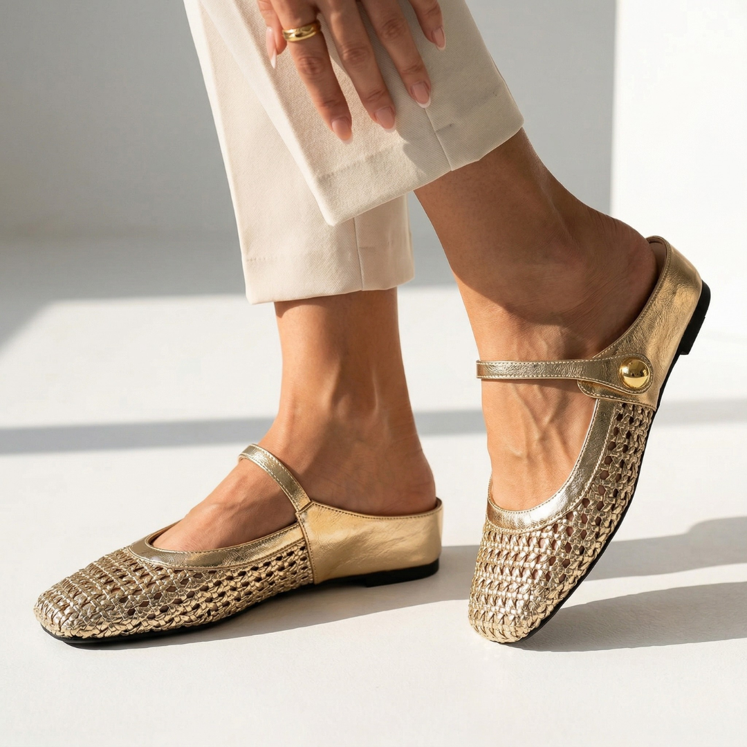 Sophia square-toe loafers with gold-toned mesh, low flat sole, ankle strap button
