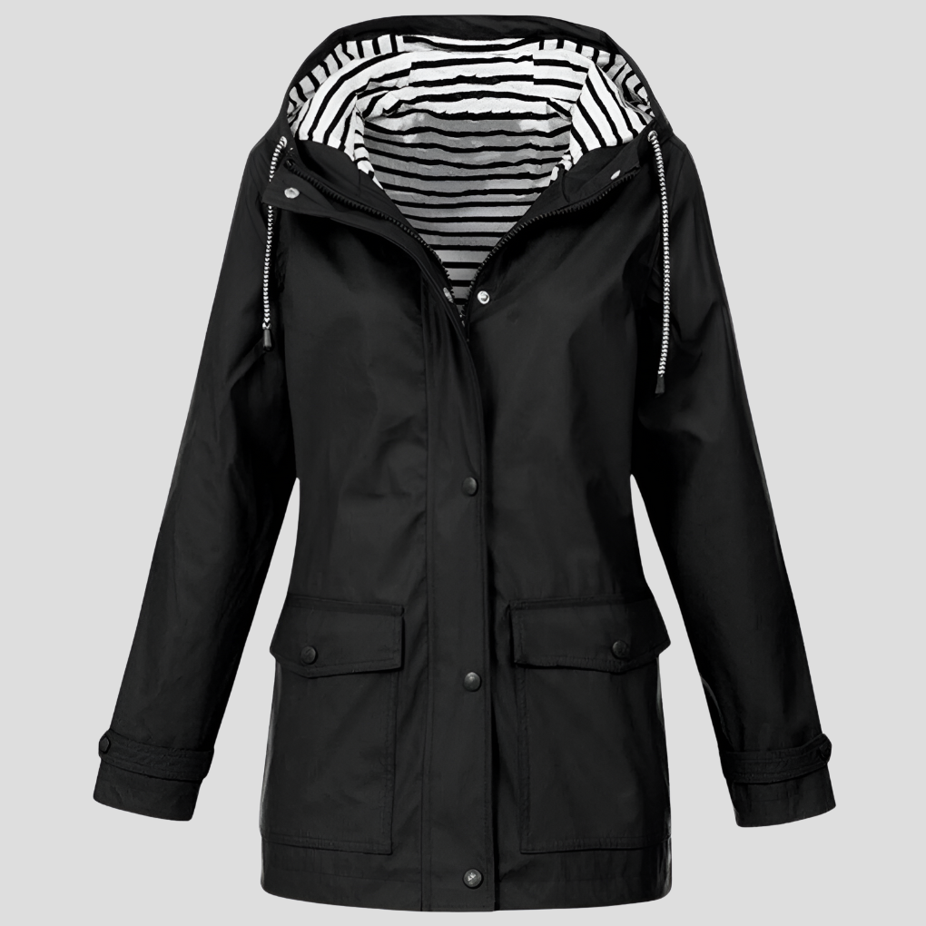 Black hooded loose-fit jacket with drawstring, button front, flap pockets
