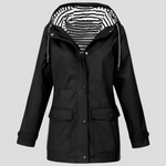 Black hooded loose-fit jacket with drawstring, button front, flap pockets