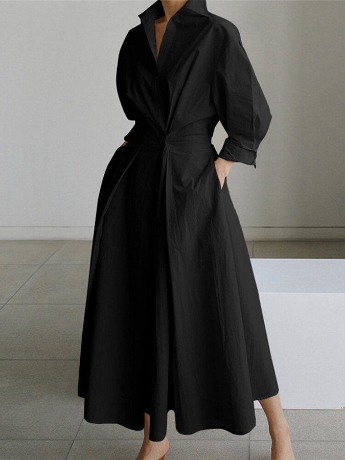 Black long button-front dress with puff sleeves and waist tie, full A-line skirt