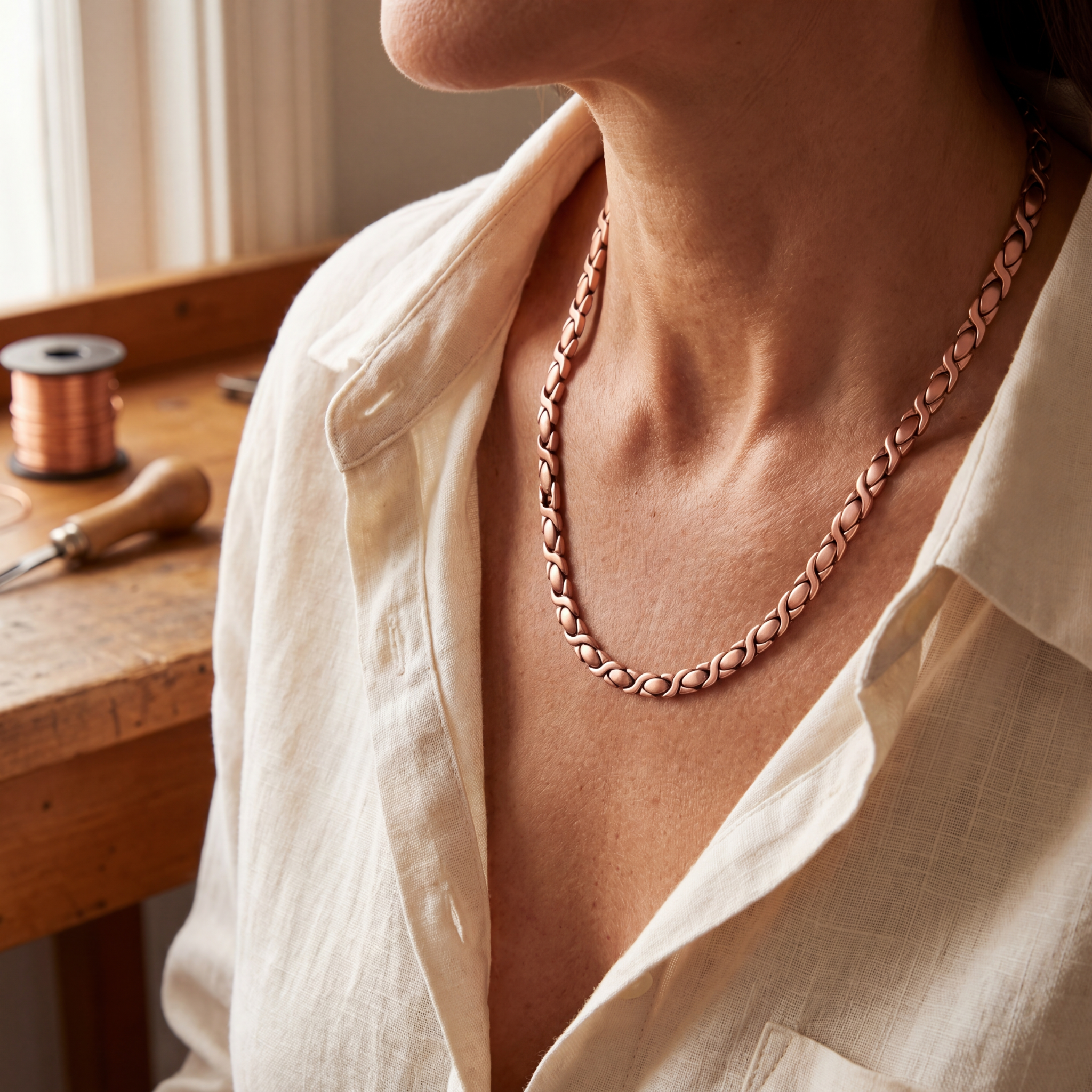 Copper chain necklace worn close to the neck with interlocking links