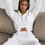 White button-up shirt and elastic-waist wide-leg pants set, relaxed fit