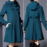 Women’s teal hooded coat with double-breasted buttons and flap pocket design
