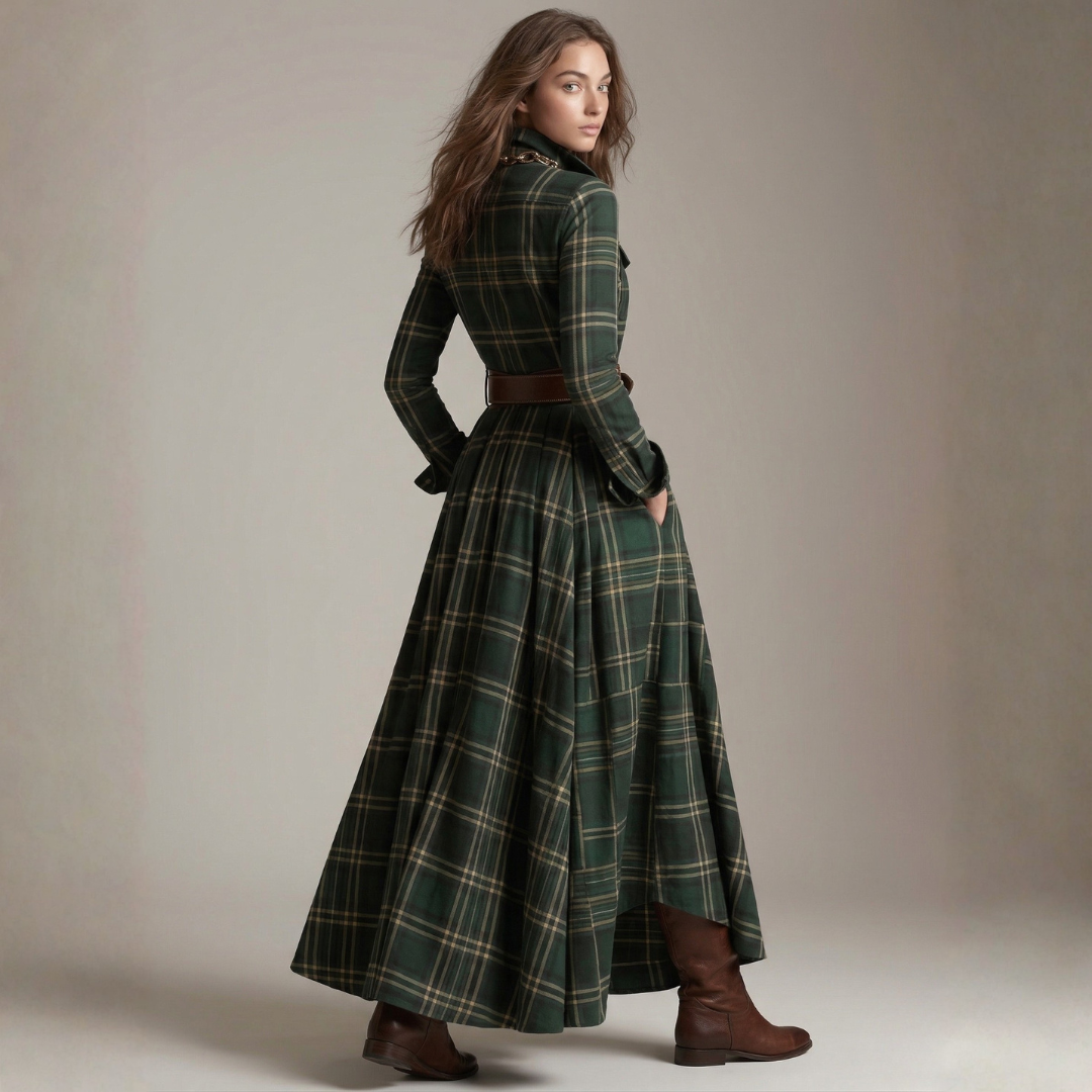 Green plaid belted maxi shirt dress with long sleeves and flared skirt, back view