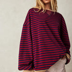 Burgundy and navy striped relaxed pullover with long sleeves, crew neck