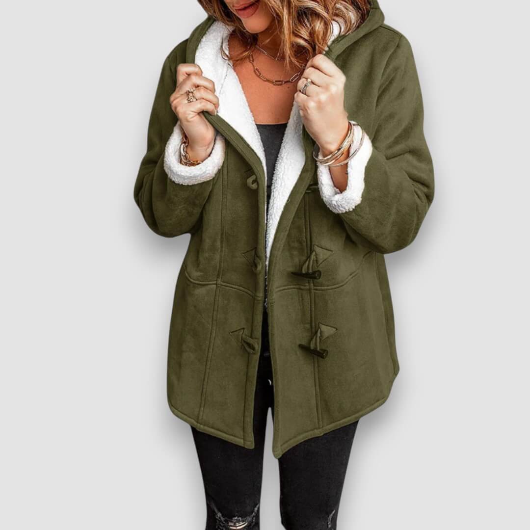 Olive green hooded winter jacket with soft sherpa lining and toggle closures